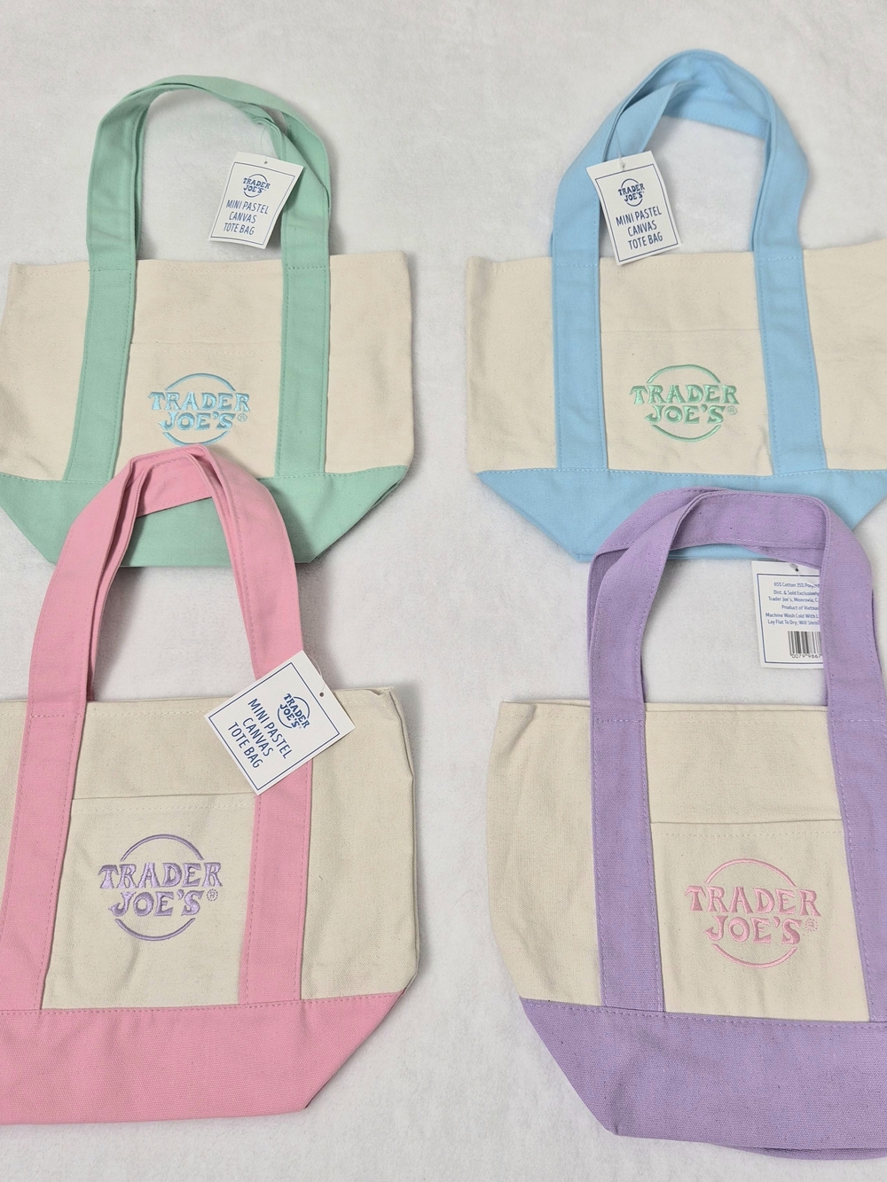NWT Trader Joe's Mini Pastel Canvas Tote Bag Set of 4 Limited Spring Edition Top